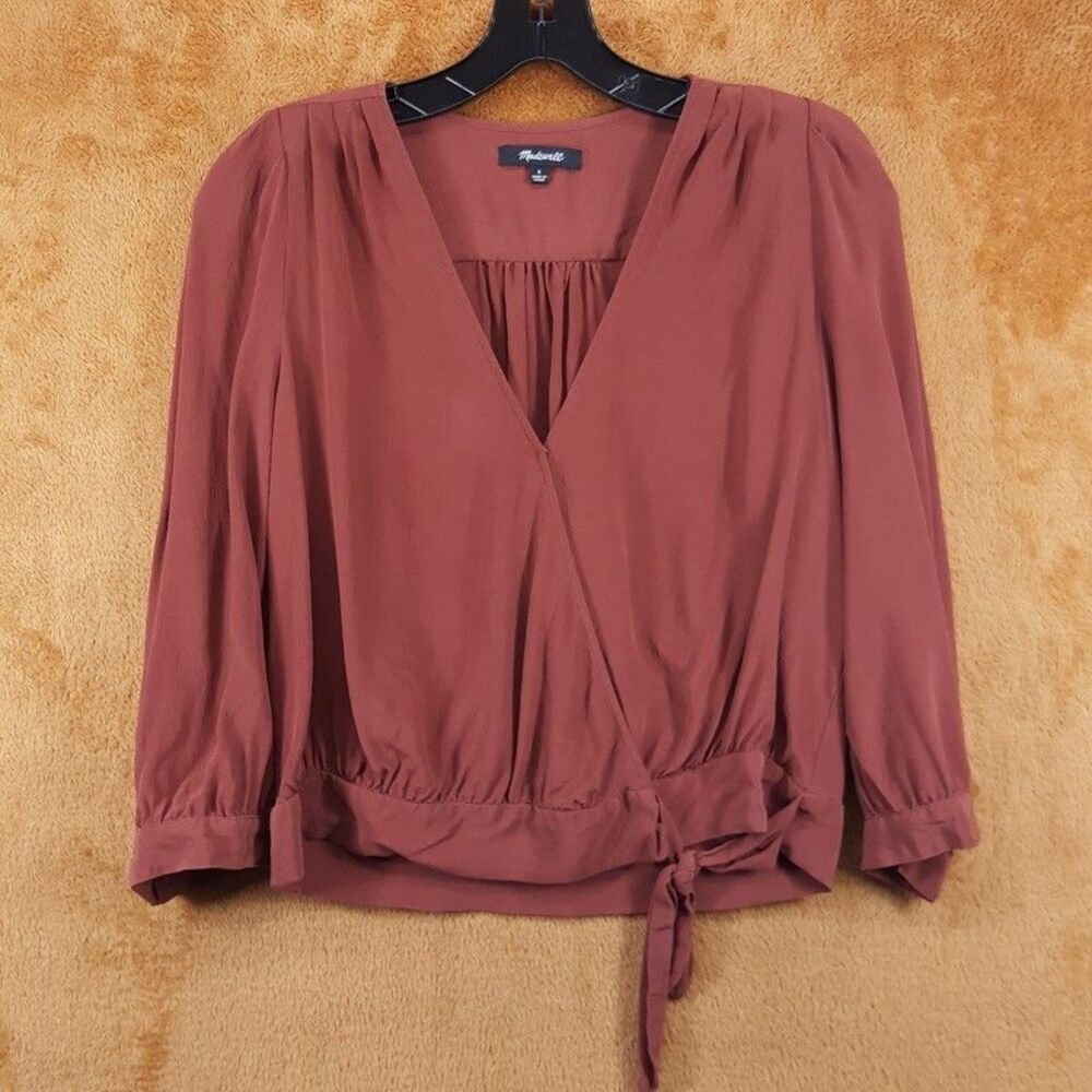 MADEWELL Top Womens Small Maroon Surplice Wrap Blouse 100% Silk